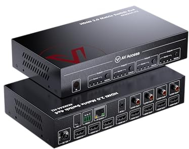 AV Access 4x4 HDMI Matrix Splitter, 4K@60Hz mit HDR Dolby Vision, Audio Extraction SPDIF 5.1CH, 4K auf 1080P Herunterskalieren, CEC, Web UI, Abschaltspeicher, IR Remote API RS232 Steuerung | HDR, Audio-Extraktion SPDIF 5.1CH, Downscaler, Web UI Control, Power-Off Speicher, HDMI 2.0 HDCP2.2 IR Remote API RS232