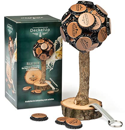 DeckelUp Kronkorken Magnetbaum für bis zu 60 Kronkorken - Kronkorken Baum aus Eiche Made in Germany – Holz Kronkorkenbaum mit Magnet als Geschenk für Vater, Männer - Partyraum-Ausstattung & Bardeko