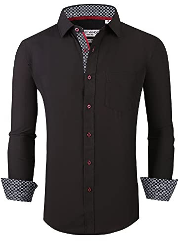 Alex Vando Mens Dress Shirt Wrinkle Free Regular Fit 4-Way Stretch Button Down Shirts, Black, XL