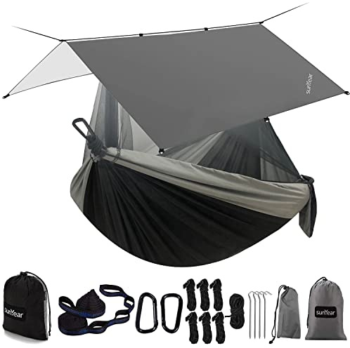 Sunyear Hammock Camping with Rain Fly Tarp and Net, Portable Camping Hammock Double Tree Hammock Outdoor Indoor Backpacking Travel & Survival, 2 Tree Straps,100% Waterproof Black/Grey Bundle