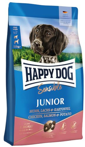 Happy Dog Sensible Junior Huhn Lachs Kartoffel, 4 kg | Junghundefutter ab 7. Monat, weizenfrei, 81 % tierisches Protein, Menge zum Einstieg