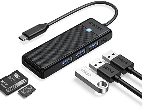 ORICO USB 3.0 Hub, USB C Verteiler con SD/TF Card Rénder, 3 Puertos USB 3.0 Mini USB Splitter, USB Expander para MacBook Pro/Air, iMac, Notebook PC, Flash Drive, Cámara, Keyborad, Ratón(15 cm,Negro)