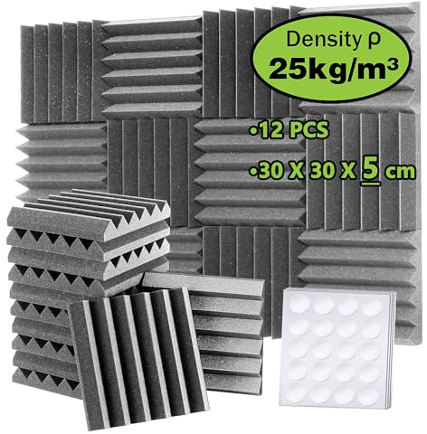 Foneso Espuma Acústica, 30x30x5 cm (Densidad: 25 kg/m³) pared Absorbente de Sonido de alta Densidad 3D, Materiales de Aislamiento Acústico para Salas de Grabación y Oficinas (12 Piezas, Gris)