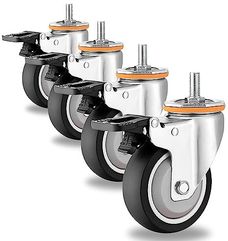 ESOYAWE M10 M12 Gewinde Vorbau Lenkrollen Ø 63 75 100 125 Mm Lenkrollen Mit Bremse 4 Stück, 360°Drehbar Keine Spuren & Leise TPR Gummirollen, Ersatzrollen Für Trolleys Möbel Werkbank