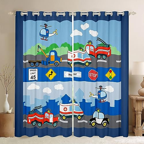 Manfei Cartoon Auto Fenster Vorhang Kinder Feuerwehrwagen Polizei Autos Flugzeug Vorhänge Baufahrzeuge Fenster Behandlung Vorhang Jungen Mädchen Teens Navy Blue Fenster Vorhänge,Top 2 Panel,M Größe