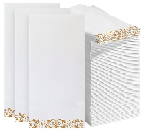 Prestee 200 Einweg-Badservietten mit Leinengefühl (weiß/gold), Gästetücher Einweg Badezimmer Verwendung, Hochzeit Einwegservietten, Papierservietten, Einweg-Handtücher für Badezimmer, Partys,