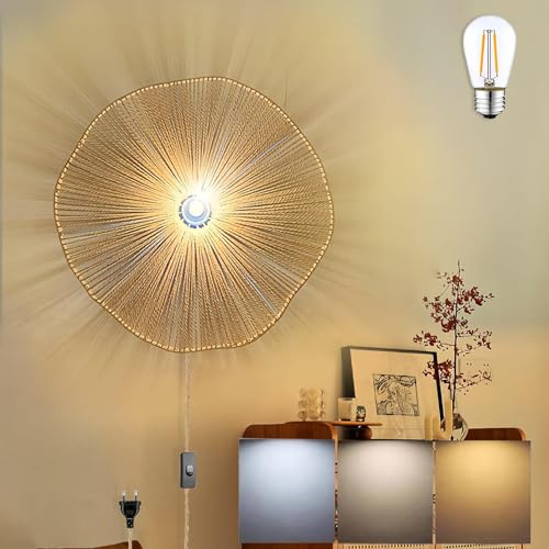 KZT 40CM Vintage Wandlampe mit Dimmbar Schalter und Stecker Boho Rattan Wandleuchte Innen E27 Nachttischlampe Rustikal mit 180cm Kabel für Schlafzimmer Wohnzimmer Flur Cafe