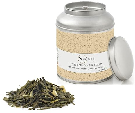 Novecento Tè® | Tè Verde Sencha Piña Colada Foglie - 90 Gr | Verde Sencha Ananas e Cocco | Miscela Tè Verde Piña Colada Ananas Cocco Sfuso Latta Metallo