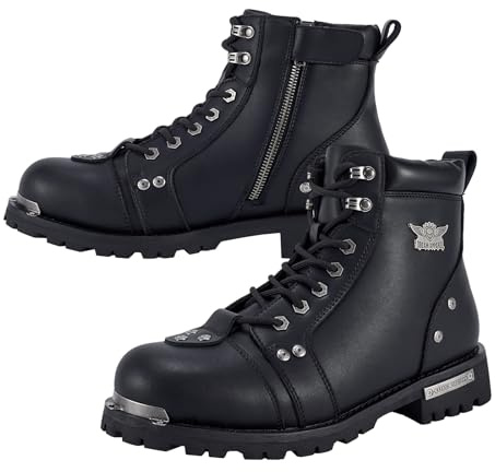 GARGOYLE BELLS Men's Motorcycle Boots PU Leather Combat Boots with Lace-Up and Side Zipper (Black, US 10)