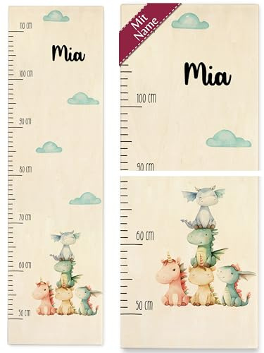 Messlatte Kind Holz - Einhörner - Einhorn und Drachen mit Name Kindermesslatte Babymesslatte Größe Messen Kinder - 50-110 cm - Holz - geschenkideen zum ersten geburtstag mädchen kinderzimmer