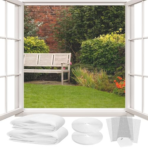 LATRAT - Mosquitera para puerta de balcón, jardín, protección de ventana de gato, ajustable, malla fina antiinsectos con cintas adhesivas sin perforación (blanco, 150 x 180 cm, lote de 2)
