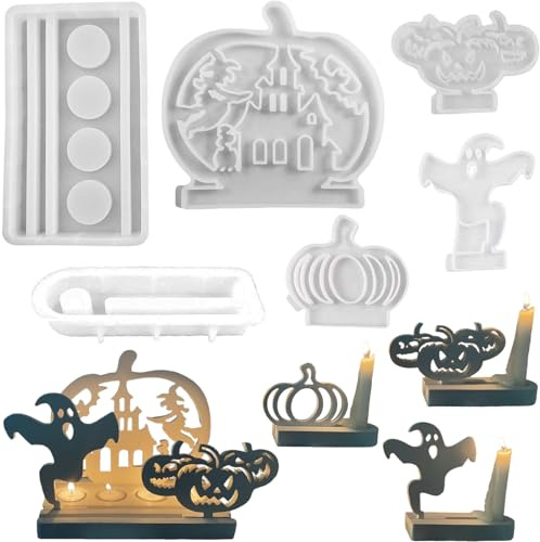 Silikonformen Gießformen, Silikonform Kerzenhalter Halloween, Kerzenhalter Teelichter DIY Set Erwachsene für Halloween Deko (Gruseliges Kürbisschloss)