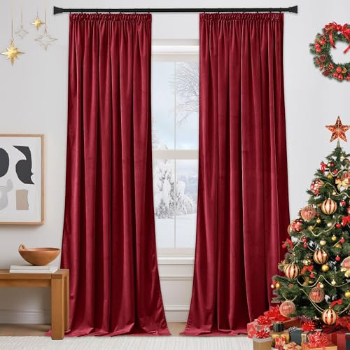 PONY DANCE Christmas Red Velvet Blackout Curtains - Pencil Pleat Curtains Thermal Insulated Luxury Drapes with Rod Pocket for Bedroom Living Room, 52x84 Inches, 2 Panels