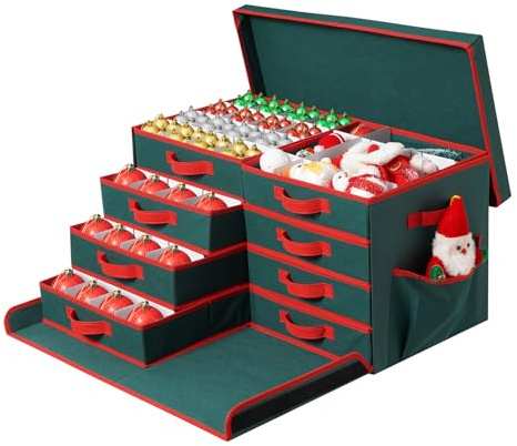 Peyulia Aufbewahrungsbox für Weihnachtsdekoration, stapelbarer Organizer mit Deckel und Taschen, seitlich offen, 8 Ablagen, 325,1–7,6 cm, Urlaubsdekorationsbehälter mit herausnehmbaren Tabletts und