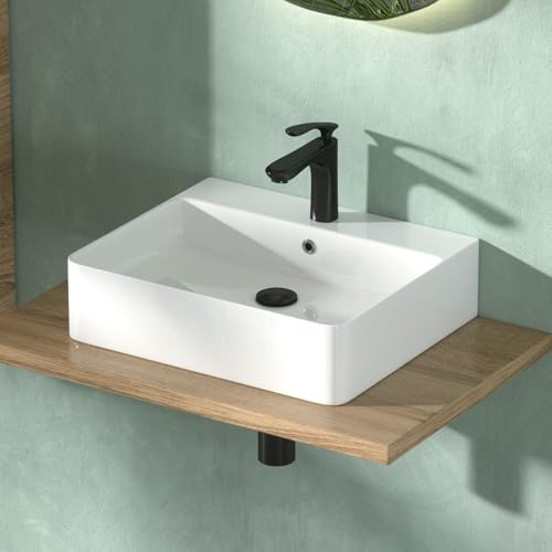 CASAMO Waschbecken 50cm breit, Aufsatzwaschbecken, Hängewaschbecken für Badezimmer, Gäste WC, abgerundet eckig, weiß hochglanz, 50 x 42 x 13 cm