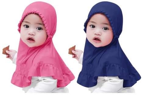 PURFUN 2Pcs Lovely Floral Hijab for Little Girls, Soft One Piece Muslim Scarf Bonnet Turban Kids Stretchy Islamic Arab Middle East Ramadan Instant Hijab Head Scarf Headwear for 2-6 Yrs