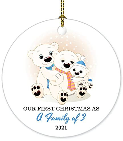 Weihnachtsbaumschmuck 7.3cm, Unser Erstes Weihnachten Als Dreiköpfige Familie Hochzeit Der Süßen Bärenfamilie Weihnachtsanhänger Elegant Christbaumschmuck Anhänger Premium Runde Keramik Ornament