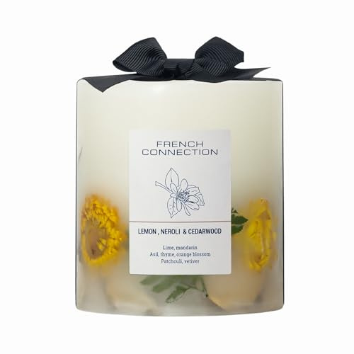 French Connection Botanical Infused - Candela cilindrica profumata a base di erbe essiccate, miscela di cera vegetale, 5% olio profumato, fragranza per la casa a lunga durata (media, limone, neroli e