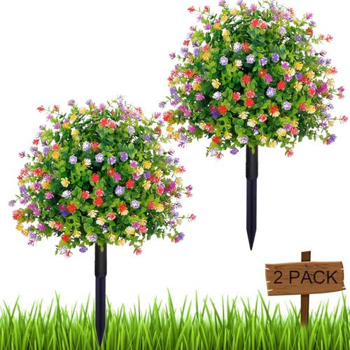 Outdoor Bushes Plants Artificial Topiary Ball Trees Set of 2,Fake Boxwood Ball Evergreen Tree with Spike,UV Resistant Faux Shrubs with Eucalyptus 23 for Xmas Planter,Fall,Porch Decor
