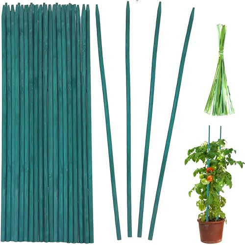 Garden Stakes, 50 Pieces 44cm Bamboo Sticks Plant Support Sticks with 120 Pcs Twist Ties, Green Plant Stakes for Garden or Home Floral Picks Gardening Tripods Makin