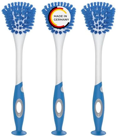 Rival 3er Set Spülbürste Trapez mit gummiertem Griff & Saugfuß blau – ergonomische Spülbürste mit PBT-Borsten – Geschirrbürste für die Küche – praktisches Spülbürsten Set – Putzbürste mit Saugnapf