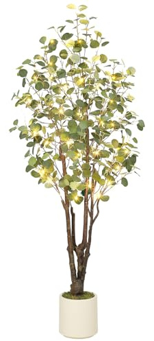 Garvee Künstlicher Eukalyptusbaum Indoor Mit 50 LED Lichtern,180 cm Kunstpflanzen Groß Kunstbaum Im Topf Für Indoor Outdoor Home Schlafzimmer Büro Garden Dekoration