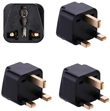 Welsberg Pack de 4 adaptateurs de Voyage universels, convertisseur de Prise Internationale de 2 ou 3 Broches vers Prises UK à 3 Compact pour UK, Grande-Bretagne, Irlande, Hong Kong, Dubaï, Noir