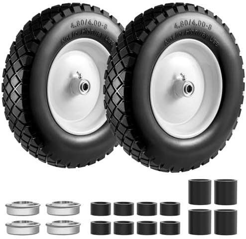 Pneumatico e Ruota Anti-pinchio 4.80/4.00-8 2 PZ, Ruota Solida da Carrello 38,99 cm con Cuscinetti 15,88 mm & 19,05 mm, Mozzo Centrato 7,62-17,78 cm,per Carrello a Mano/Remorchio da Giardino/Carretto