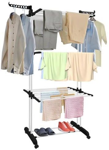 JF HOME BLISS Clothes Drying Rack 3 Tier Clothes Horses Rack With Two Side Wings Laundry Racks For Indoor Outdoor Laundry Room Use Stainless Steel Laundry Garment Dryer Stand (Black)