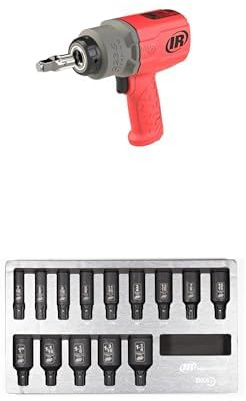 Ingersoll-Rand 2236QTIMAX-R DXS2 Druckluft-Schlagschrauber, Leise, 2034 Nm Drehmoment, Titan-Hammergehäuse, Reibring, Rot mit 14-teilig DXS2 Sechskantantrieb Deep SAE Imperial Schlagstecknuss Satz