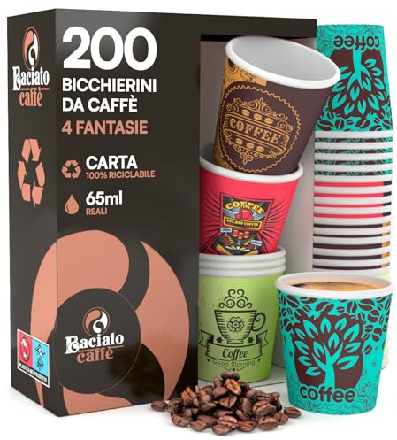 200 Bicchierini in Carta per Caffè 65ml Usa e Getta 4 Fantasie Colorate - Bicchieri Monouso Biodegradabili Ecologici Piccoli - Calore Fino a 95°C per Ristoranti Ufficio Asporto Bar - Fantasia Mix E