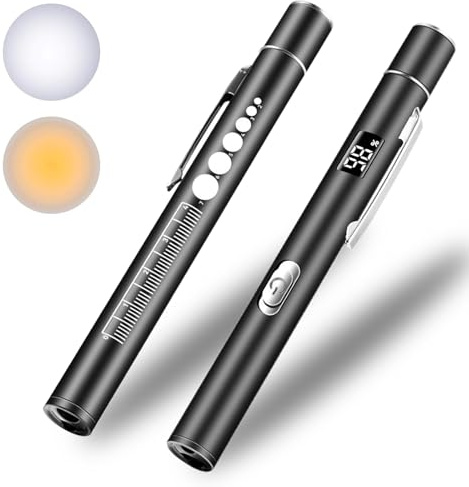 KEWAYO Pen Torch, Reusable Dual Light Source Flashlight with LED, Battery Level Display, Magnetic Cap, Pupil Gauge and Clip, USB Rechargeable, for Inspection, Outdoor & Emergency Use (1, Black)