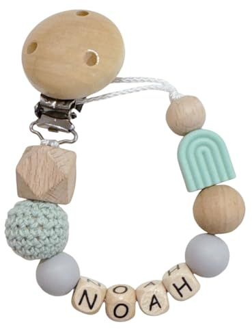 Glücksperle Schnullerband mit Namen für Mädchen & Jungen personalisierte Baby Geschenke mehrere Modellen & Farben (Mint)