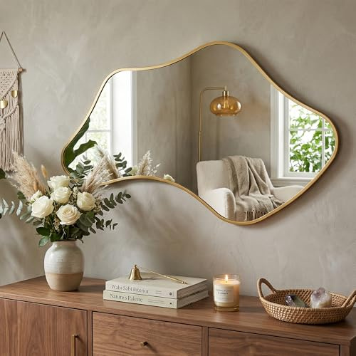 Fahomiss Unregelmäßiger Wavy Wandspiegel mit Metallrahmen & Gehärtetem Sicherheitsglas für Badezimmer, Schlafzimmer & Flur