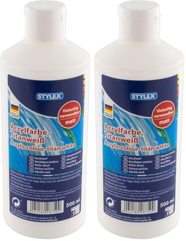Stylex 28750 - Acrylfarbe auf Wasserbasis, 500 ml Flasche in titanweiß, matt, hohe Deck- und Farbkraft, lichtbeständig, schnelltrocknend und wasserfest (Packung mit 2)