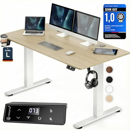Casaria® Höhenverstellbarer Schreibtisch elektrisch 140 x 70 cm mit Wireless Charger & USB-C/A Anschluss LCD-Display Memory-Funktion 80 kg belastbar ergonomisch Beige