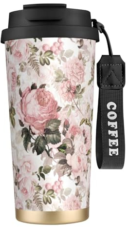 XCZHIMIN Rose rosa seppia vintage shabby chic,Tazza da caffè in acciaio inossidabile 316 con cordino, tazza da viaggio per auto a doppia parete con isolamento termico, 500 ml