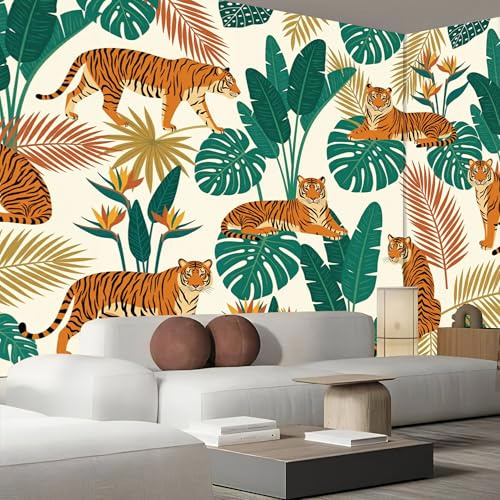 Papel Pintado Salón Dormitorio Selva Tropical De Tigres - Fotomurales Panorámico Pared Plantas Exóticas Decorativos Murales Grande Beige Fotográfico Decoración De Paredes, 200X140Cm