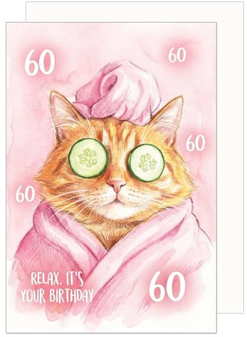 Edition Seidel Premium Glückwunschkarte zum 60. Geburtstag mit Umschlag. Geburtstagskarte Grußkarte Karte Klappkarte Spruch Englisch Happy Birthday Frau Freundin Katze Wellness Spa (G4366 SW026)