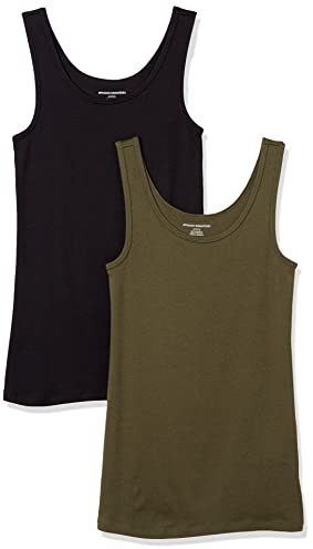 Amazon Essentials Women's Slim-Fit Ribbed Scoop Neck Tank Tops, Pack of 2, Black/Olive, X-Large