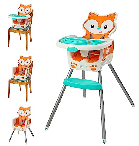 Infantino - Seggiolone Convertibile 4-in-1 - Design a Tema Volpe - Rialzo Regolabile a Più Altezze e Seggiolino per Bambini - Tappetino Multifunzionale e Vassoio Lavabile in Lavastoviglie - Da 0 Mesi