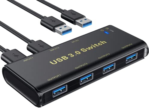 ABLEWE USB 3.0 Switch, 4 Ports hub 3.0 KVM Switch Commutateur KVM pour 2 PC, 2 entrées 4 Sorties pour imprimante, Scanner, Clavier, clés, disques durs, Souris, Casque etc.(2 Cables USB 3.0 Inclus)