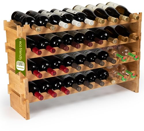 DECOMIL - Grand casier à vin empilable et modulaire pour 36 bouteilles, étagères de présentation en bambou massif, sans oscillation (quatre niveaux, capacité de 36 bouteilles)