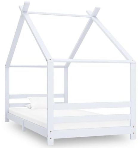 vidaXL Solid Pine Wood Kids Bed Frame Toddler Bedstead Furniture Bedroom Teenager Tree House Design Wooden Bed Base for Children White 90x200 cm