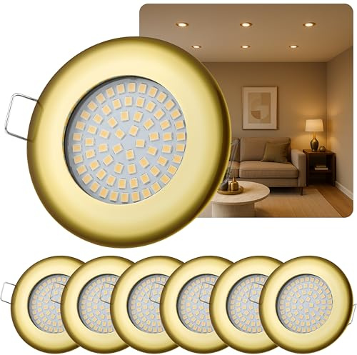 LED Einbaustrahler flach 6er Set – 5W 420lm 230V, Einbauleuchten für Decke, Warmweiß 3000K – Runde Deckenspots, Goldfarbig, Metallgehäuse