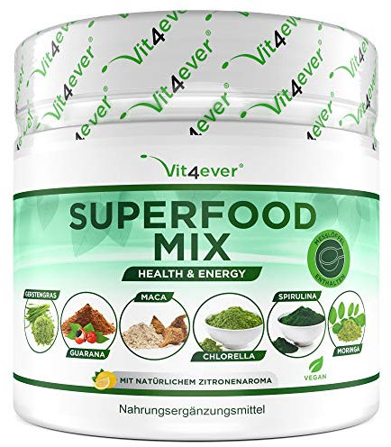 Combinación de superalimentos - 420 g de polvo (batido) con hierba de cebada, guaraná, maca, chlorella, spirulina, moringa - batido energético 100% natural - con sabor a limón - vegano
