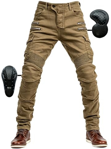 SHUOJIA Herr motorcykelbyxor jeans med skydd motorcykel biker byxa 4 x skyddsutrustning, kaki, L