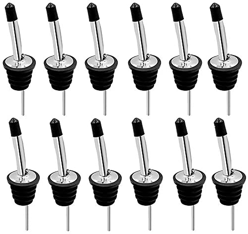 Haruida Stainless Steel Freeflow Liquor Spirits Pourer - 12Pack Speed Pourers with Tapered Spout and Rubber Dust Caps