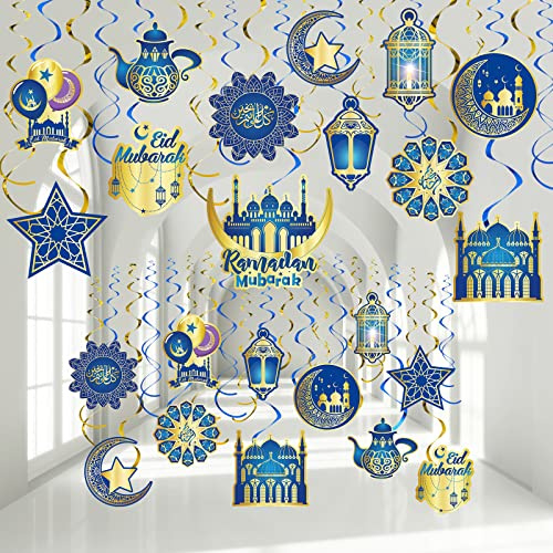 Zonon 30 Stück Ramadan Mubarak Dekorationen, Eid Mubarak hängende Spiralen, glänzend, goldfarben, Stern, Mond, Laterne, Deckenfolie, Dekoration für Eid-Al-fitr-Party, Feiertagsbedarf