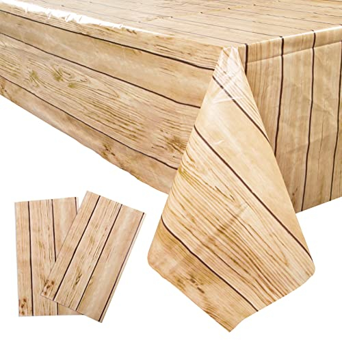 BETESSIN 2pcs 130x220cm Mantel Plástico Grano de Madera Mantel Rústico Cubierta de Mesa Impermeable Rectangular para Bodas Barbacoa Jardín Exterior Fiesta de Cumpleaños Comunión Bautizo